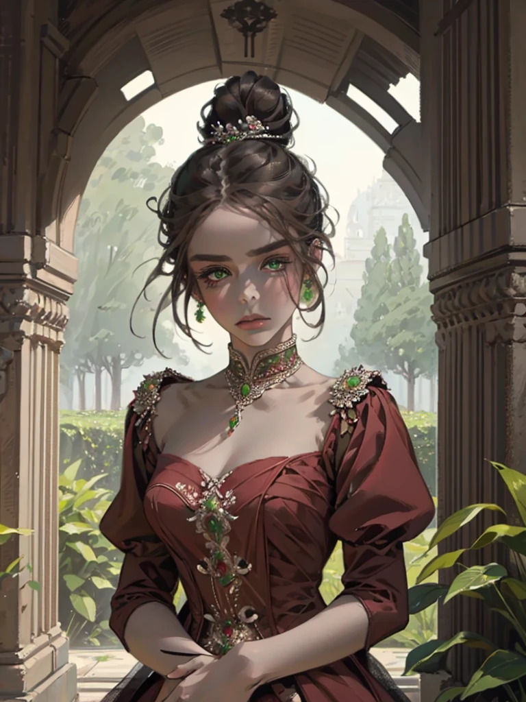 one, digital painting of a woman with her hair tied up in a bun, Brown hair, green eyes, young noblewoman from the 1800s , calm face, looks down, dark red dress, closed beautiful dress, decorations on the head around the hair portrait style, looking away, in a beautiful and green garden
