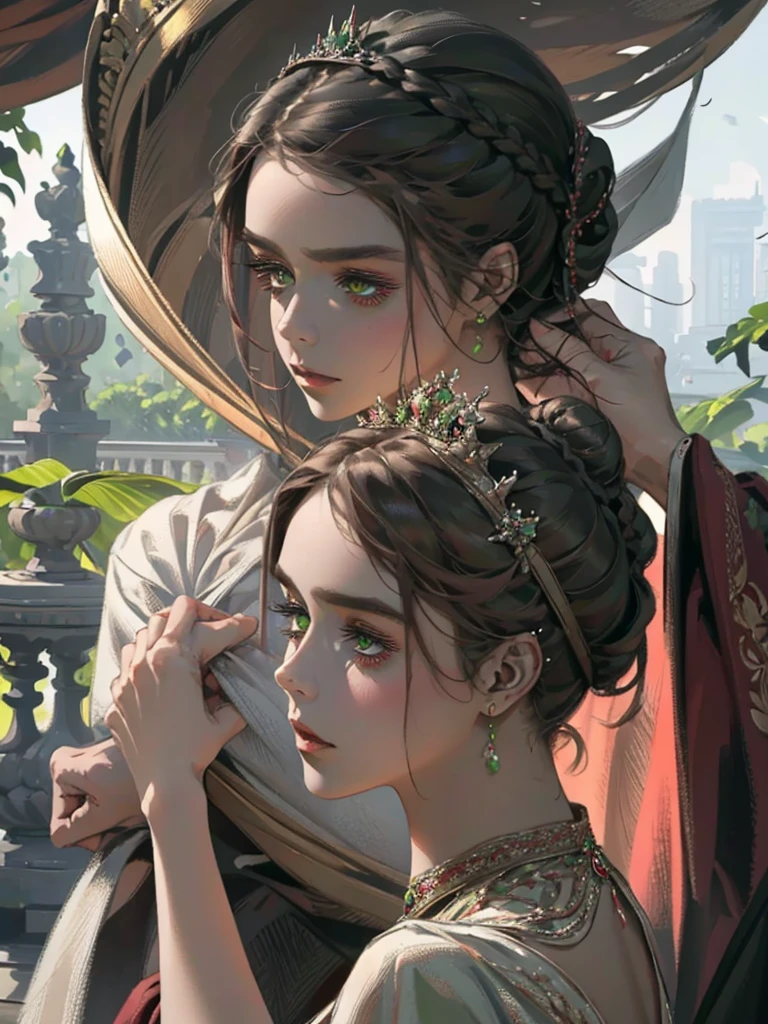 one, digital painting of a woman with her hair tied up in a bun, Brown hair, green eyes, young noblewoman from the 1800s , calm face, looks down, dark red dress, closed beautiful dress, decorations on the head around the hair portrait style, looking away, in a beautiful and green garden