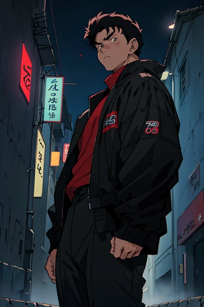 ((Artwork)), ((90s anime style)), 4k, detailed, ((Dark lighting)), 1 boy, Asian, chubby, short black hair, wearing black jacket, black pants, red sneakers, looking to the sky, city scenery at night, looking a little sad.