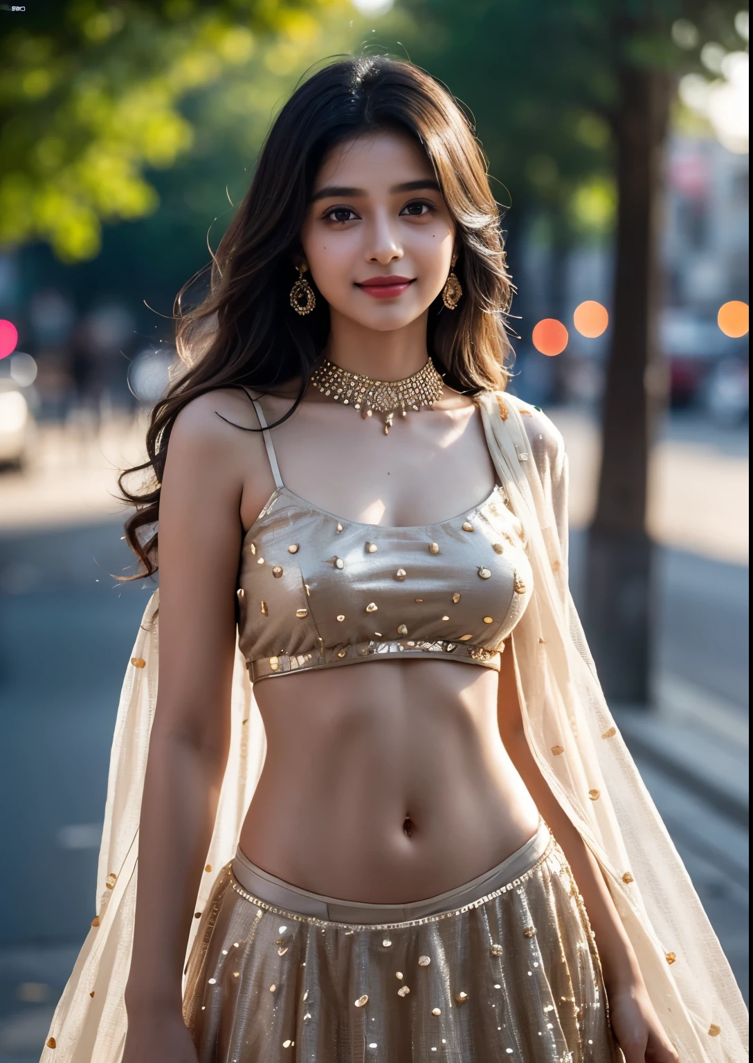 (((desi indian young girl))),  girl, cute and pretty face, natural skin, wearing hot deep neck top and dupatta, charming black hair, ((hair ends are blonde)), city streets background,(wearing simple jewellery), round Young Breast, Pretty cute Navel, soft ovel navel, Slender girl, bright light, long_hair, Bokeh, indian ,tree branch, colourfull,princess dress((choli:1.2,dupatta:1.2,lehenga:1.2), smile, pretty, cute, 4k, 8k, CG unity 8k wallpaper, depth of field, ray tracing, perfect figure, sweet round breasts 