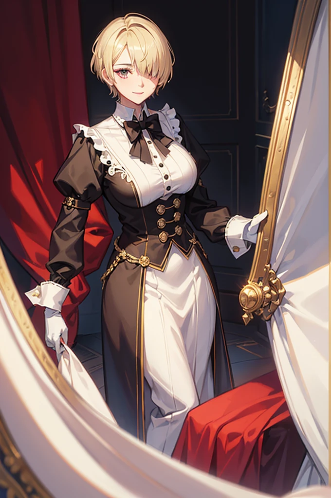 1 person, mature, (((Woman dressed as a man))),(((Butler))), count, viscount, Victorian era,(Barrette)、(((Hair on one eye)))、(((Blonde short hair))),(Red eyeedium Breast),smile、 suit, coat, White gloves, Gold and red design, Black Shirt, No background, Absurd, High resolution, Super sharp, 8K, masterpiece, View your viewers, Are standing, No background, No background, White Background