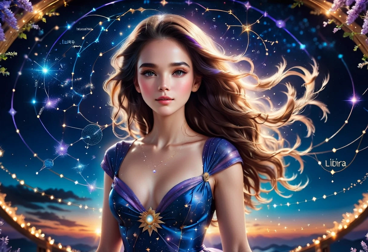 a portrait of the ((libra constellation: 1.3)) in the night sky seen by an astrologer looking at , an extraordinary beautiful woman, there is magic in her eyes divining the future from the Libra constellation, dynamic hair color, dynamic hair style, wearing an intricate lavender dress decorated with glowing stars, she looks to the night sky seeing the ((Libra constellation in the sky: 1.5)), vibrant, Ultra-high resolution, High Contrast, (masterpiece:1.5), highest quality, Best aesthetics), best details, best quality, highres, 16k, [ultra detailed], masterpiece, best quality, (extremely detailed), Cinematic Hollywood Film, magical sky, Cinematic Hollywood Film, magical sky, DonMN1gh7XL, Intense gaze