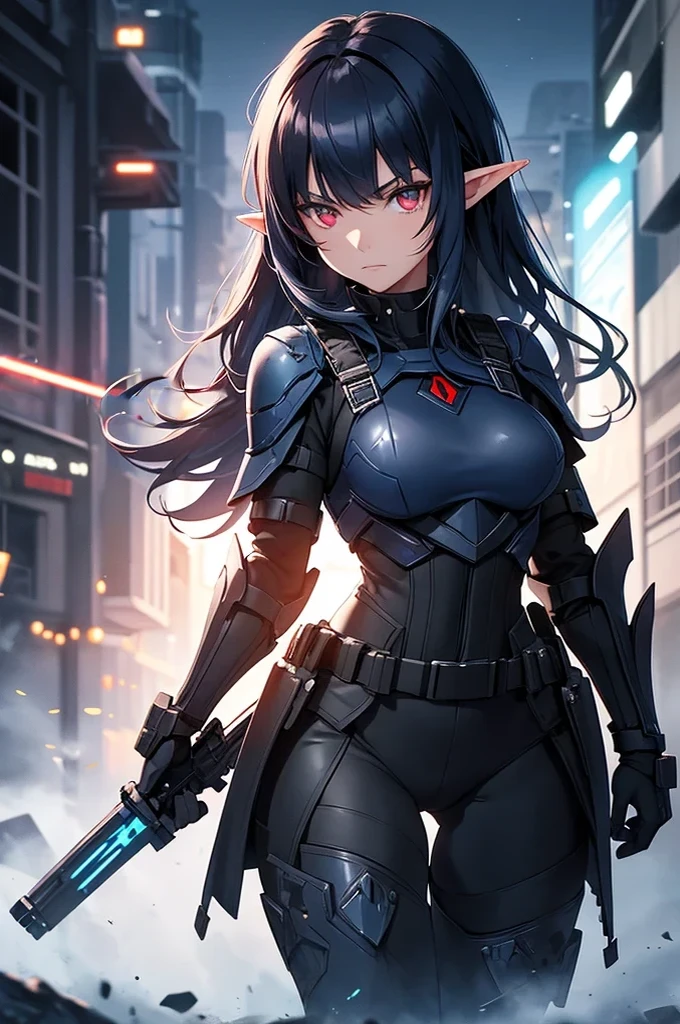 Create a high-quality image featuring an elf girl with dark navy-blue hair and straight bangs, and red eyes. She is a member of a police special forces unit, wearing black and blue body armor. She is in an aggressive pose with an aggressive expression, holding a blue glowing lightsaber. The background depicts a city inside a dome, with a black armored vehicle next to her. Emphasize that she is an elf girl.
