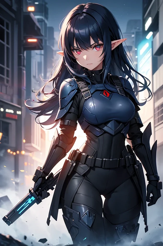 Create a high-quality image featuring an elf girl with dark navy-blue hair and straight bangs, and red eyes. She is a member of a police special forces unit, wearing black and blue body armor. She is in an aggressive pose with an aggressive expression, holding a blue glowing lightsaber. The background depicts a city inside a dome, with a black armored vehicle next to her. Emphasize that she is an elf girl.
