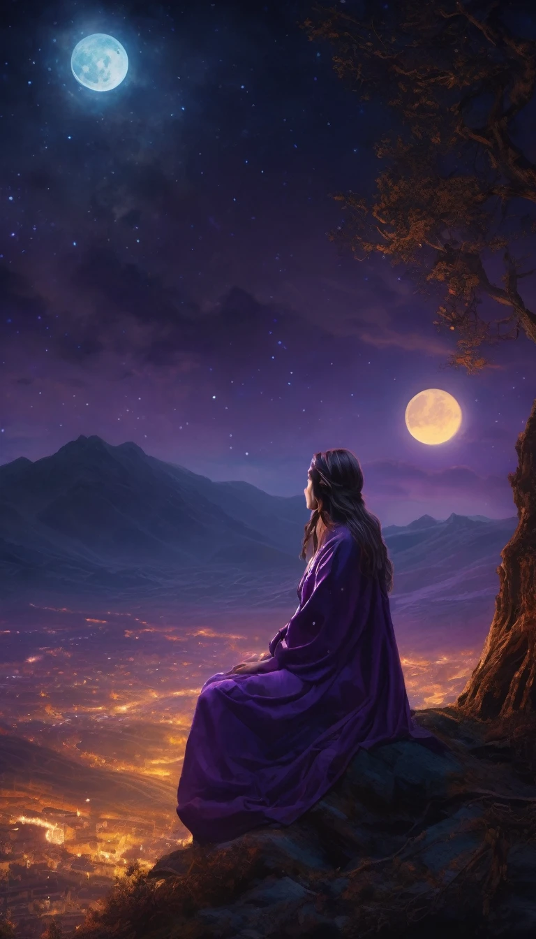 An abstraction of horror in a fantasy world where a woman astrologer is looking at the stars of the night sky and tries to predict the future

Medium: Dark and surrealistic illustrations
Additional details: A moonlit sky with eerie shades of purple and blue, long and airy robes of astrology
Image quality: (best quality, 4k, highres, masterpiece:1.2), ultra-detailed, (realistic, photorealistic, photo-realistic:1.37)
Art style: Horror, fantasy, surrealism
Color palette: Dark and gloomy colors with stark contrasts
Lighting: Soft moonlight casting eerie shadows