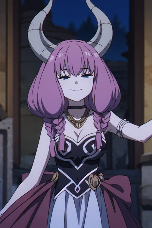 ((Best quality))), ((Ultra-detailed)), ((illustration)), ((Disheveled hair)), ((frilld)), (1 girl), (Solo), 1girl,bangs,blonde_hair,blurry,bow,brick_wall,closed_eyes,closed_mouth,collarbone,dress,hair_flaps,indoors,long_hair,photo_(medium),smile,solo,white_dress,rating:safe,Princess_dress, pink hair,grey hair,Horns,