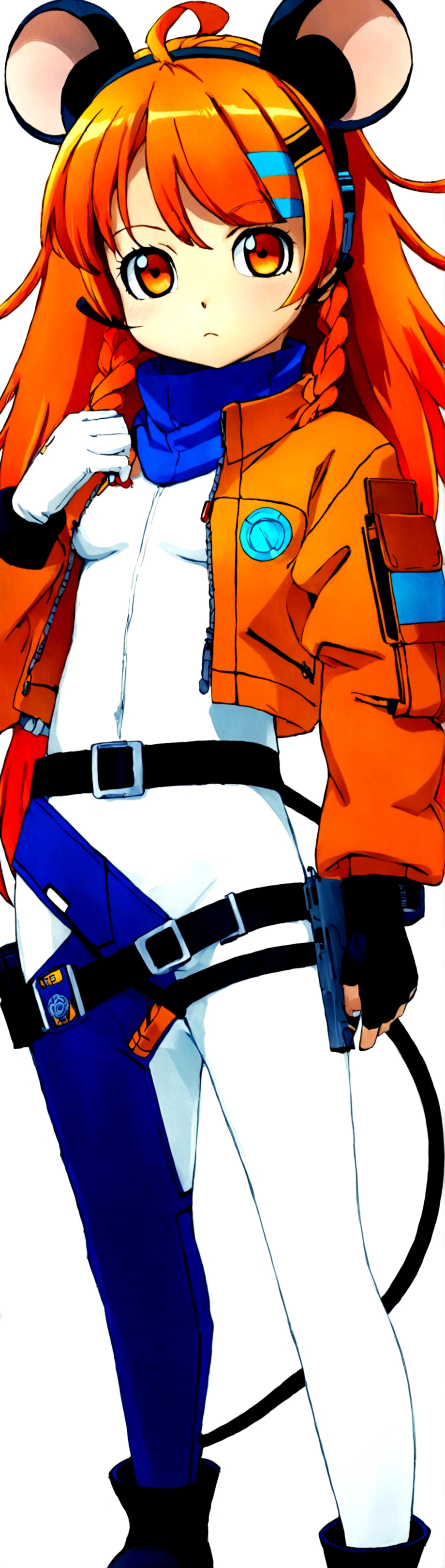 (1girl, standing) short, thin, tiny, small, young, light brown skin girl, egyptian, mouse ears, mouse tail, flame accents, white body suit, white full bodysuit with blue accents, cyberpunk tech suit, long hair, dark orange hair, white head scarf, blue and orange hair beads, cropped jacket, orange jacket, black utility belt with huge black pouches on hips, tech belt, giant hip saddlebags, big eyes, head bandana, turtle neck bodysuit, hair accessories, small braids in hair, hair half up half down, hair stripes, head jewelry, techwear, fire patches, bandages, large ears, glove, fingerless asymmetrical glove, wrapped hands, safety goggles around neck, black straps, fire theme, gun, flaming mouse tail, jacket patches, , Gun holster on hip, black utility belt, blue design on bodysuit only, actual mouse ears, techwear jacket, cropped jacket, orange slightly torn jacket, blue head wrap, small braid in long hair, bomb jacket, military girl