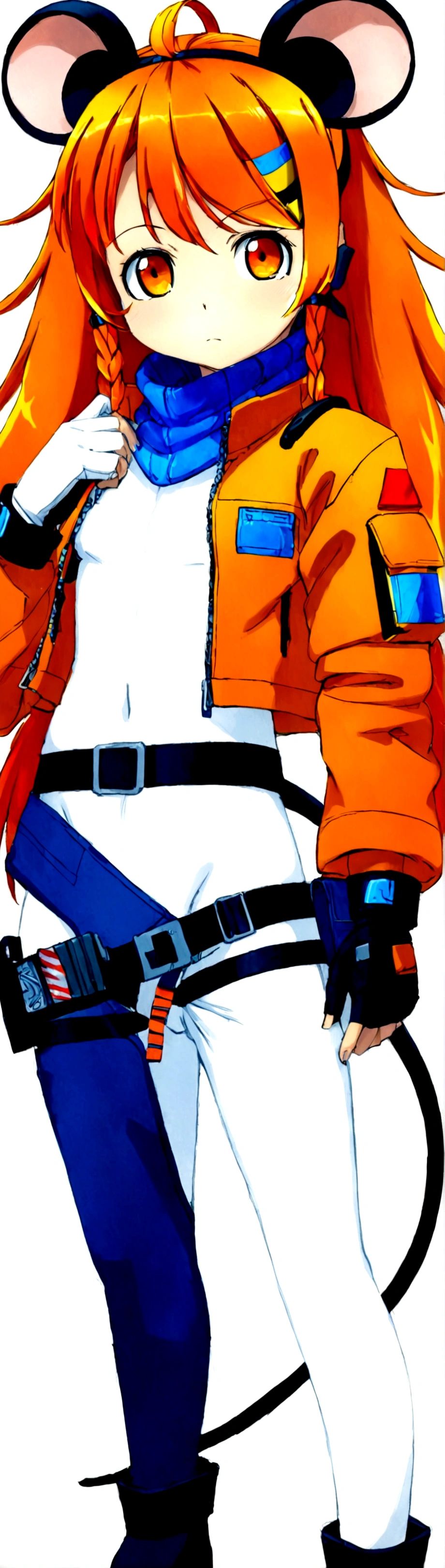 (1girl, standing) short, thin, tiny, small, young, light brown skin girl, egyptian, mouse ears, mouse tail, flame accents, white body suit, white full bodysuit with blue accents, cyberpunk tech suit, long hair, dark orange hair, white head scarf, blue and orange hair beads, cropped jacket, orange jacket, black utility belt with huge black pouches on hips, tech belt, giant hip saddlebags, big eyes, head bandana, turtle neck bodysuit, hair accessories, small braids in hair, hair half up half down, hair stripes, head jewelry, techwear, fire patches, bandages, large ears, glove, fingerless asymmetrical glove, wrapped hands, safety goggles around neck, black straps, fire theme, gun, flaming mouse tail, jacket patches, , Gun holster on hip, black utility belt, blue design on bodysuit only, actual mouse ears, techwear jacket, cropped jacket, orange slightly torn jacket, blue head wrap, small braid in long hair, bomb jacket, military girl
