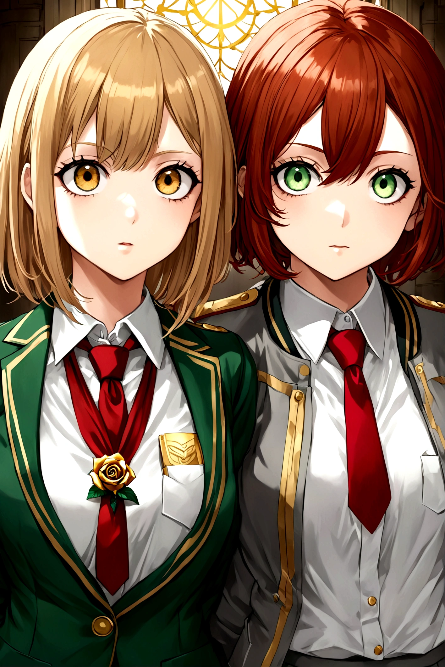 My hero academia style girls with light brown broken hair and a straight golden rose strand,medium large eyes, with a flirtatious and challenging look, Left eye color brown and right eye color golden rose, UA uniform gray jacket with green details, white shirt red tie and gray skirt with green details, view from front 