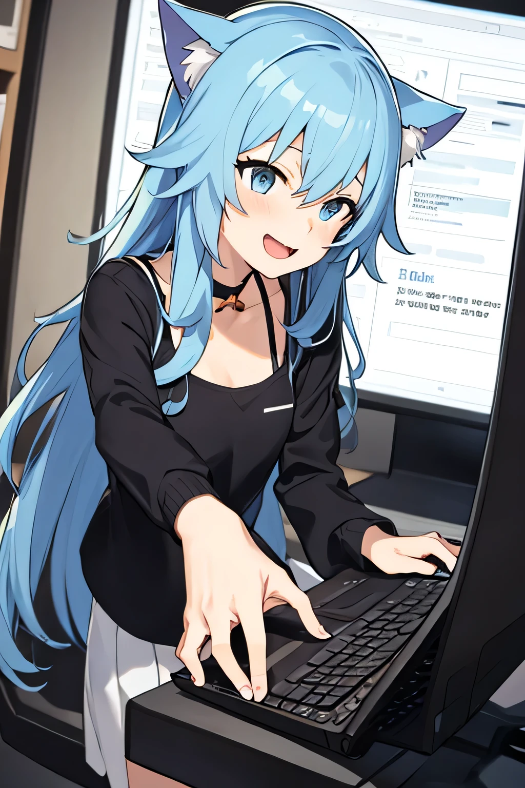 anime girl with cat ears with blue hair color rejoices at the computer