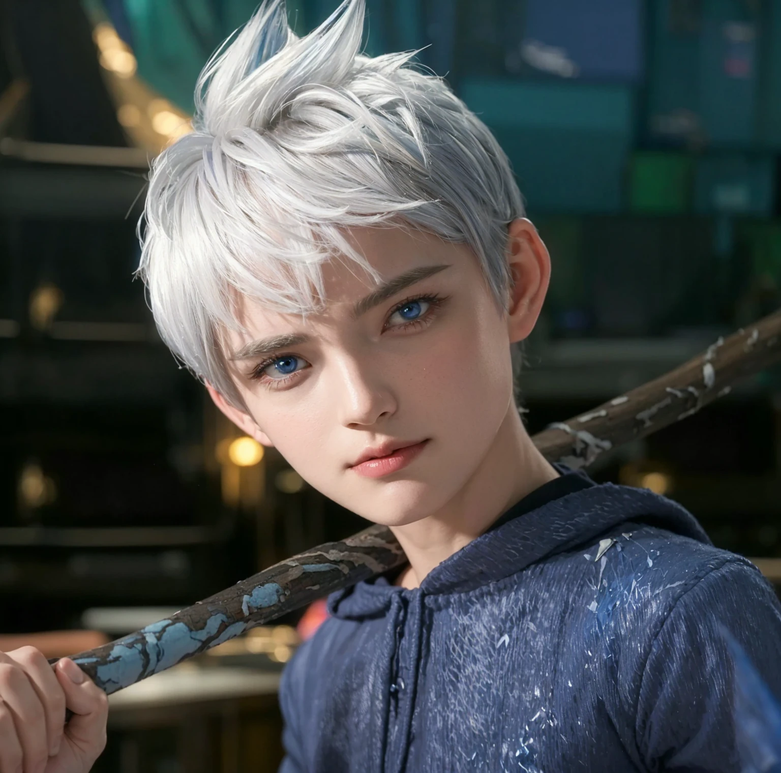 Handsome boy, white hair, blue eyes, blue jacket with ice crack design, holding a light blue and brown stick