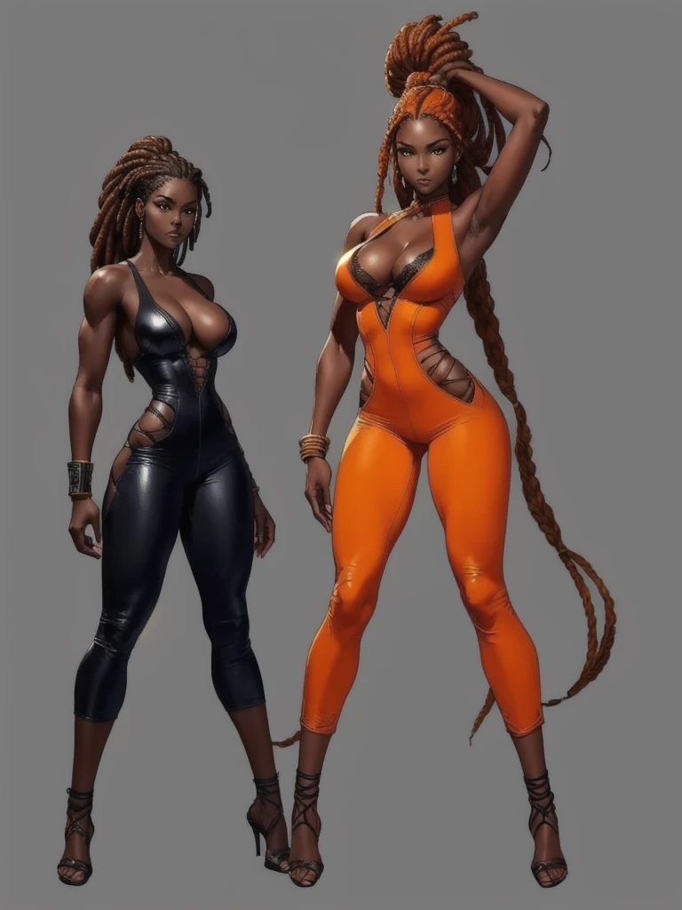((best quality)), ((4k)), ((highres)), ((masterpiece:1.2)). ((detailed)), ((ultra realistic)), ((intricate details)), ((full body picture)), ((character design sheet)), a full body picture of a beautifull Ebony skinned female, black woman, dark skin, ebony princess, ebony model, perfect face, detailed eyes, detailed lips, posing with her arms above her head, ((arms above her head)), about 25 years old, about 5'7 ft. tall, long thin dreadlocks down to her hips, ((emphasis on her long thin dreadlocks down to her hips)), pretty, feminine woman, toned body but not too muscular looking, hourglass figure, dressed in a skin-tight sleeveless full body orange jumpsuit, ((emphasis on the skin-tight sleeveless full body orange jumpsuit)), showing cleavage, glamorous, strappy lace up high, fighting game character concept art, tekken character design, the king of fighters character concept, full bofy, full body concept art, full body art