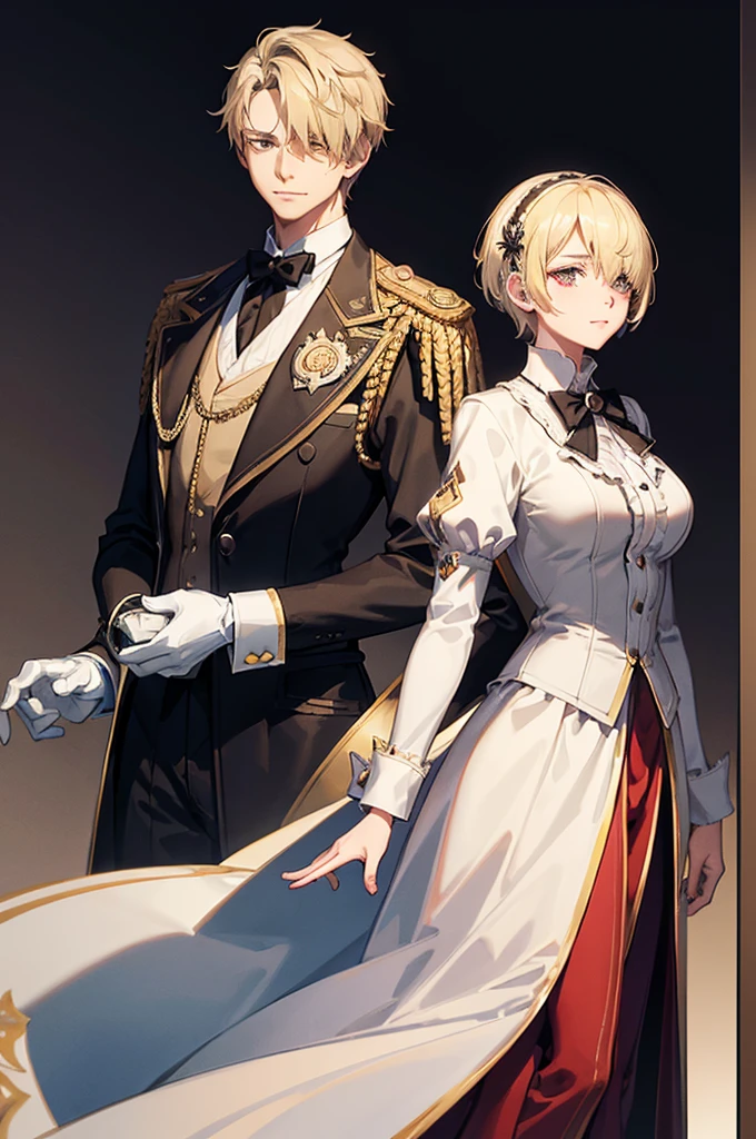 1 person, mature, (((Woman dressed as a man))),(((Butler))), count, viscount, Victorian era,(Barrette)、(((Hair on one eye)))、(((Blonde short hair))),(Red eyeedium Breast),smile、 suit, coat,  White gloves, Gold and red design, Black Shirt, No background, Absurd, High resolution, Super sharp, 8K, masterpiece, View your viewers, Are standing, No background, No background, White Background