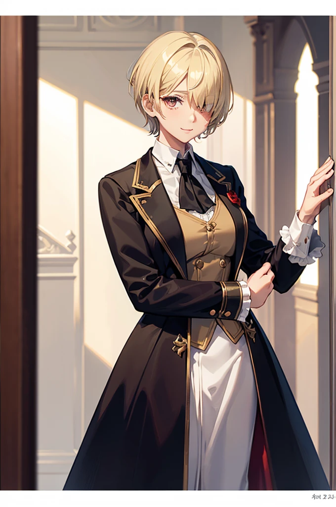 1 person, mature, (((Woman dressed as a man))),(((Butler))), count, viscount, Victorian era,(Barrette)、(((Hair on one eye)))、(((Blonde short hair))),(Red eyeedium Breast),smile、 suit, coat, White gloves, Gold and red design, Black Shirt, No background, Absurd, High resolution, Super sharp, 8K, masterpiece, View your viewers, Are standing, No background, No background, White Background
