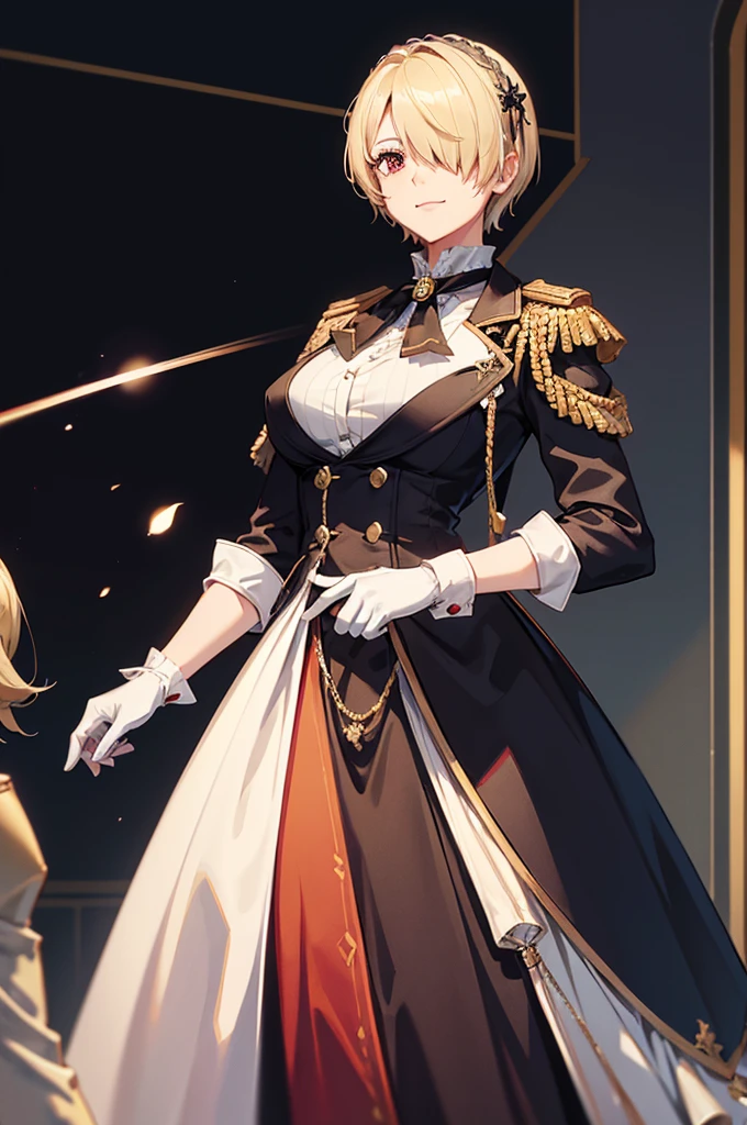 1 person, mature, (((Woman dressed as a man))),(((Butler))), count, viscount, Victorian era,(Barrette)、(((Hair on one eye)))、(((Blonde short hair))),(Red eyeedium Breast),smile、 suit, coat,  White gloves, Gold and red design, Black Shirt, No background, Absurd, High resolution, Super sharp, 8K, masterpiece, View your viewers, Are standing, No background, No background, White Background