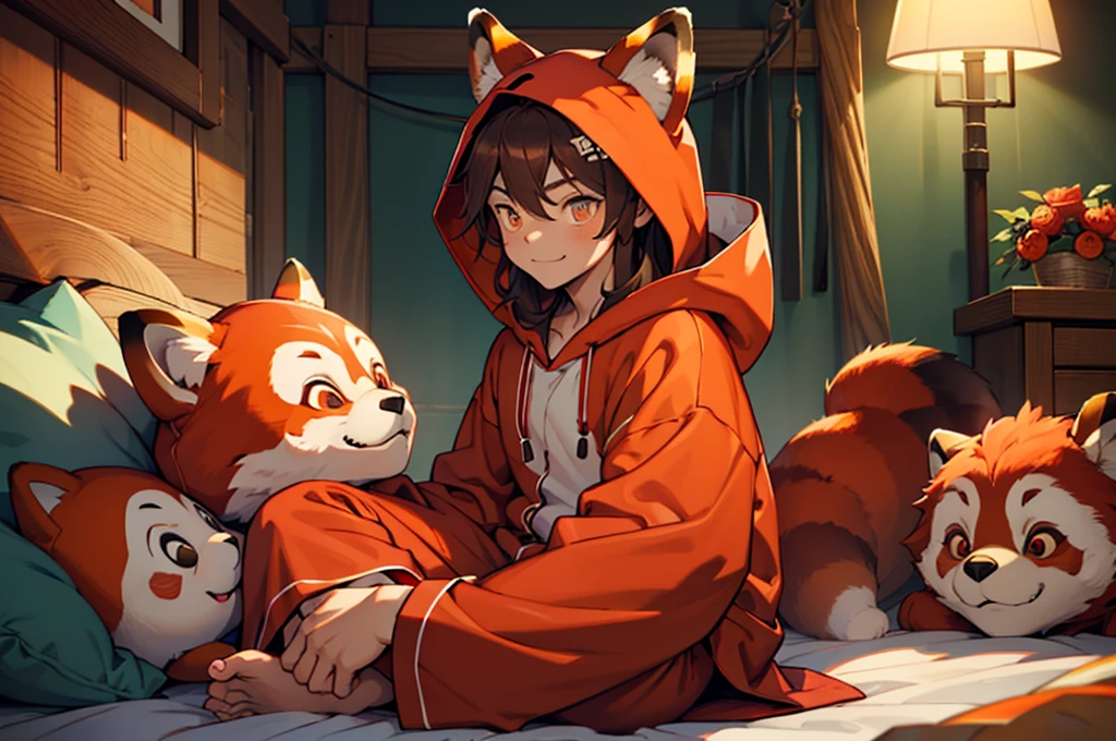 green eyes, boy, the 10, animal ears, cute, shota, cute pijama, flip flop, jaded, sleepy eyes, perfect lighting, extensive detail, detailded, deep skin,texturized skin, ,red panda costume,red and red bear costume , long sleeves, hooded cloak,,malva , long hair, orange eyes, Fantastic smile,on top of the bed ,sitting between pillows brown hair, (animal hooded cloak, red panda ears. , animal ears falsas, texturized skin, High details, high qualiy, best quality, artwork, man wearing a red panda costume ((red panda costume style pajamas), hall, Stuffed animal, Male red pajamas