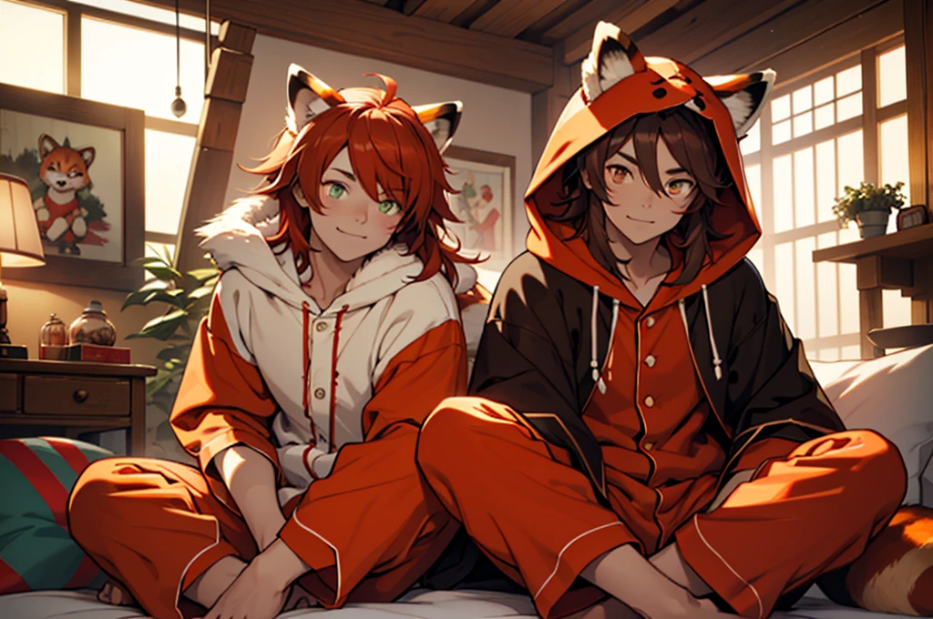 green eyes, boy, the 10, animal ears, cute, shota, cute pijama, flip flop, jaded, sleepy eyes, perfect lighting, extensive detail, detailded, deep skin,texturized skin, ,red panda costume,red and red bear costume , long sleeves, hooded cloak,,malva , long hair, orange eyes, Fantastic smile,on top of the bed ,sitting between pillows brown hair, (animal hooded cloak, red panda ears. , animal ears falsas, texturized skin, High details, high qualiy, best quality, artwork, man wearing a red panda costume ((red panda costume style pajamas), hall, Stuffed animal, Male red pajamas