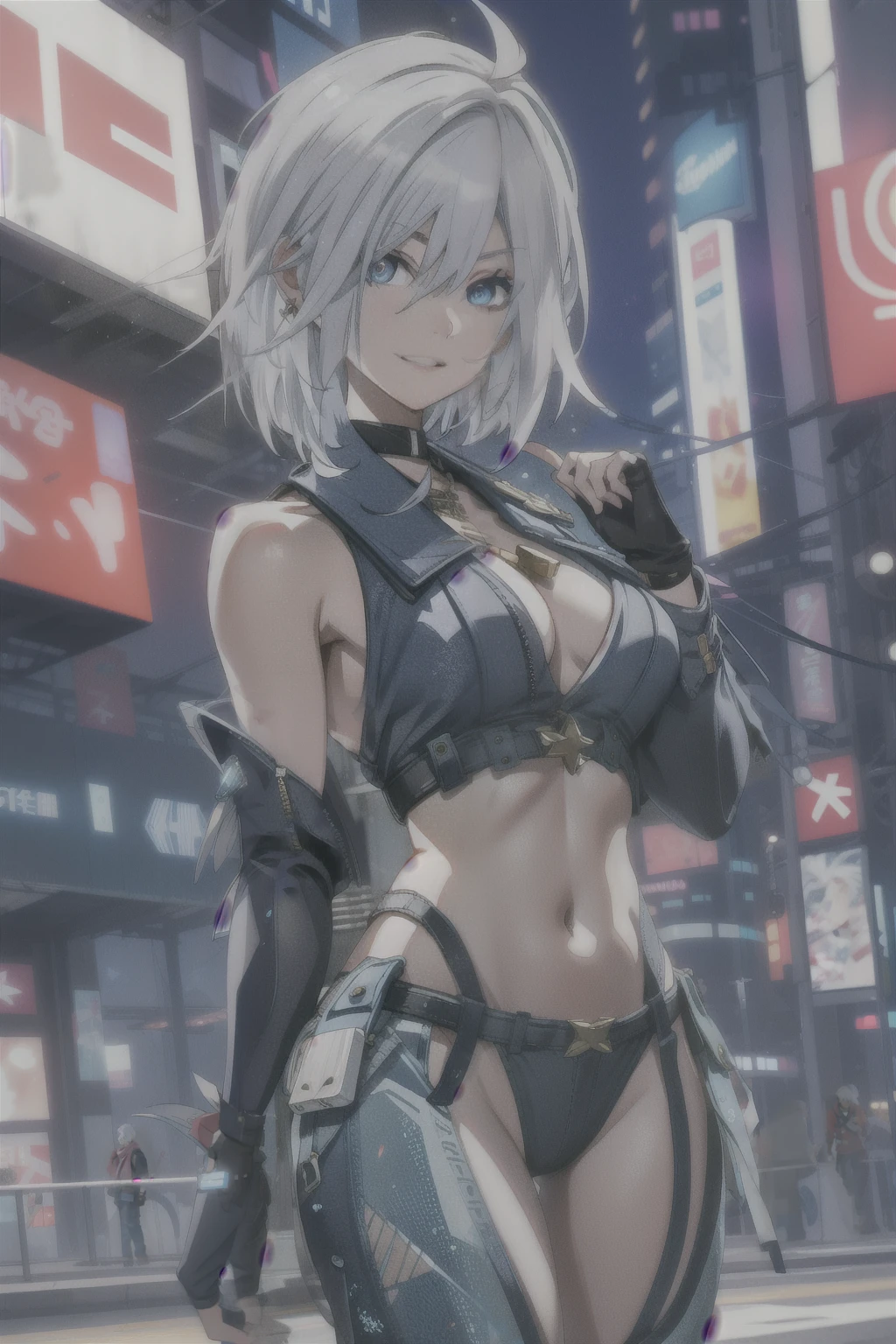 A beautiful white-haired woman, young, skinny, with messy and spiked hair, extremely detailed, delicate facial features, piercing eyes, full lips, long eyelashes, porcelain skin, serene expression, fingerless white gloves, cyberpunk features, eletronic details, futuristic details, flowing white hair, detailed cyberpunk kunoichi clothing, red and white textile patterns, fantasy style, cinematic lighting, vibrant colors, 8k, best quality, masterpiece, standing, cute, holding chains whip, fullbody shot, cowboy shot