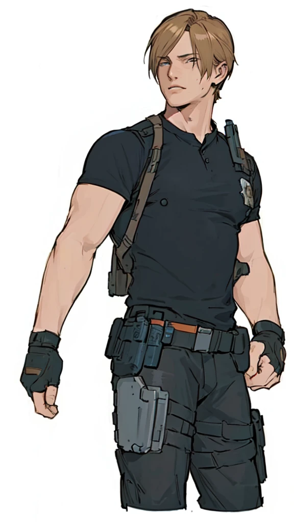 a close up of a person with a gun and a shirt, character design police man, Leon Kennedy, character art, character design Leon Kennedy!!, official character illustration, full body character, official character art, full-body character portrait, single character full body, character full body portrait, full body illustration, official art, full body single character