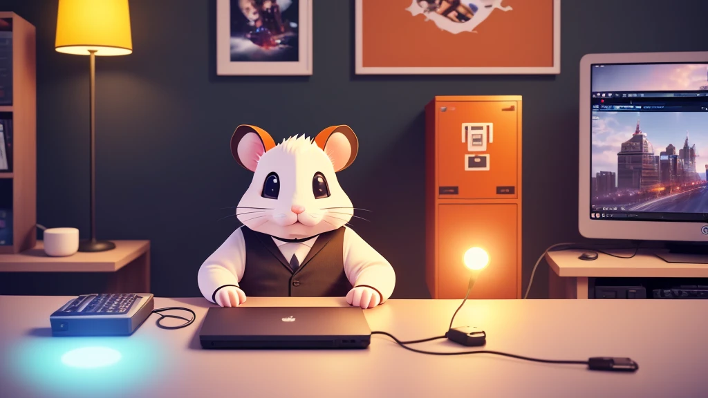 Hamtaro , a charismatic orange hamster geek , 
 sitting at a table with a laptop and a microphone, unsplash, realism, , in a streamer studio room, neon ambiance , looking to camera, portrait shot 8 k, photo portrait, looking towards the camera , ultra detail, high resolution, ultra detailed, best quality, amazing, top quality, extremely detailed CG unity 8k wallpaper, cinematic lighting.