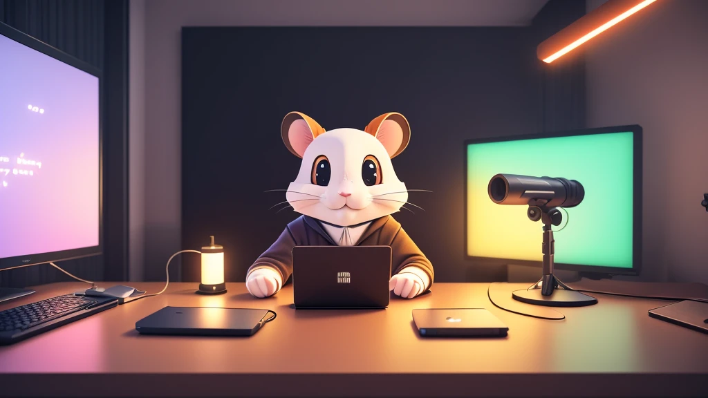 Hamtaro , a charismatic orange hamster geek , 
 sitting at a table with a laptop and a microphone, unsplash, realism, , in a streamer studio room, neon ambiance , looking to camera, portrait shot 8 k, photo portrait, looking towards the camera , ultra detail, high resolution, ultra detailed, best quality, amazing, top quality, extremely detailed CG unity 8k wallpaper, cinematic lighting.