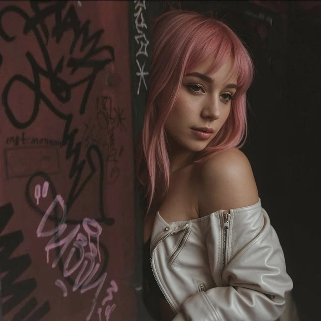 (())), 25-year-old Caucasian French girl with shoulder-length messy pink hair, adorned with , hair l . Captured in the best quality, this illustration serves as a 4K wallpaper,white black leather jacket, pink bra, black leggins