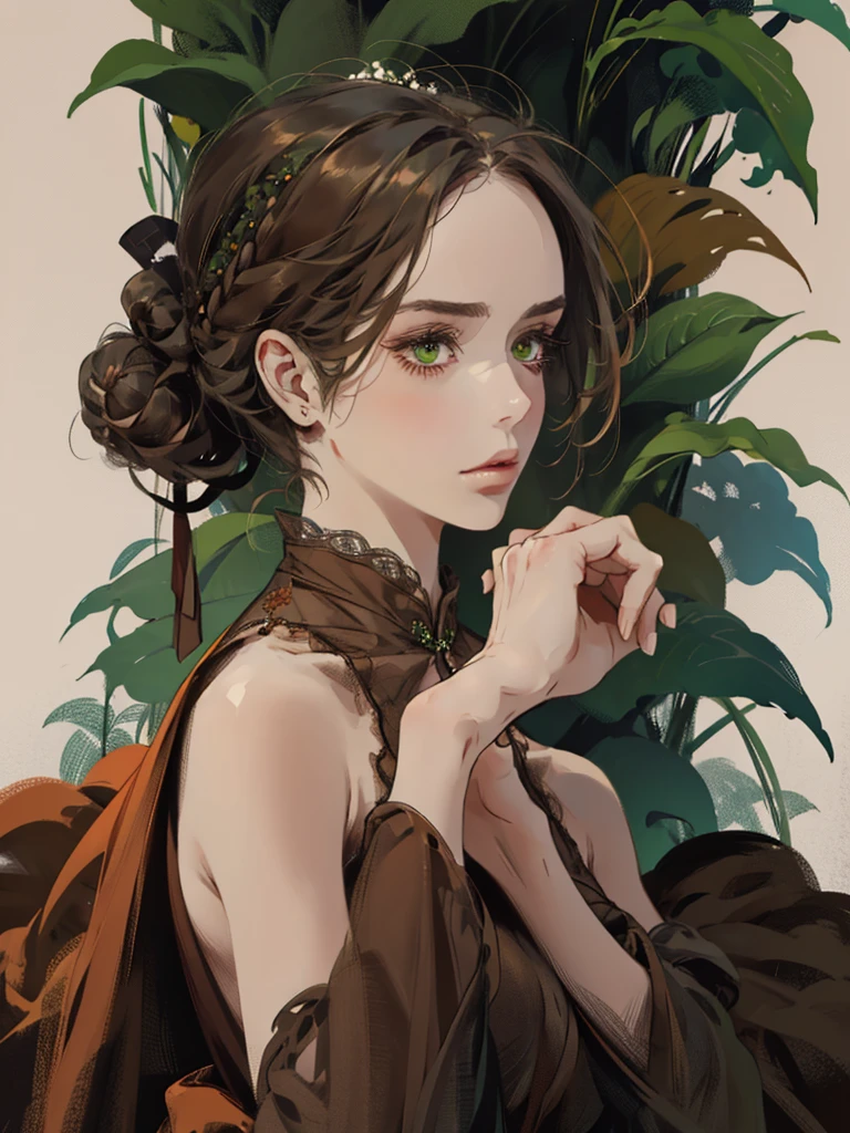 one, digital painting of a woman with her hair tied up in a bun, Brown hair, green eyes, young noblewoman from the 1800s , calm face, looks down, dark red dress, ((closed dress)), decorations on the head around the hair portrait style, looking away, in a beautiful and green garden