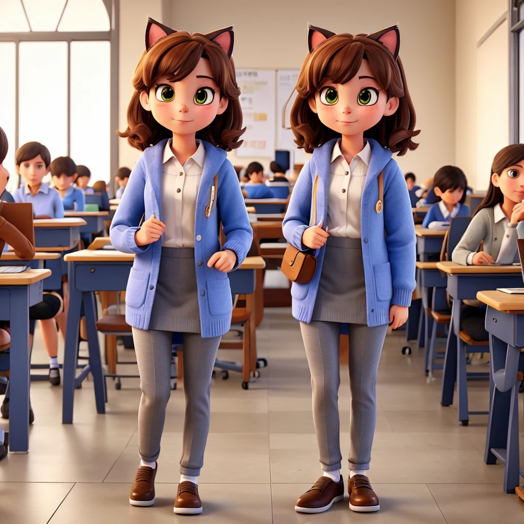 Cat in clothes studying at school