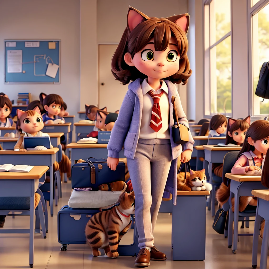 Cat in clothes studying at school