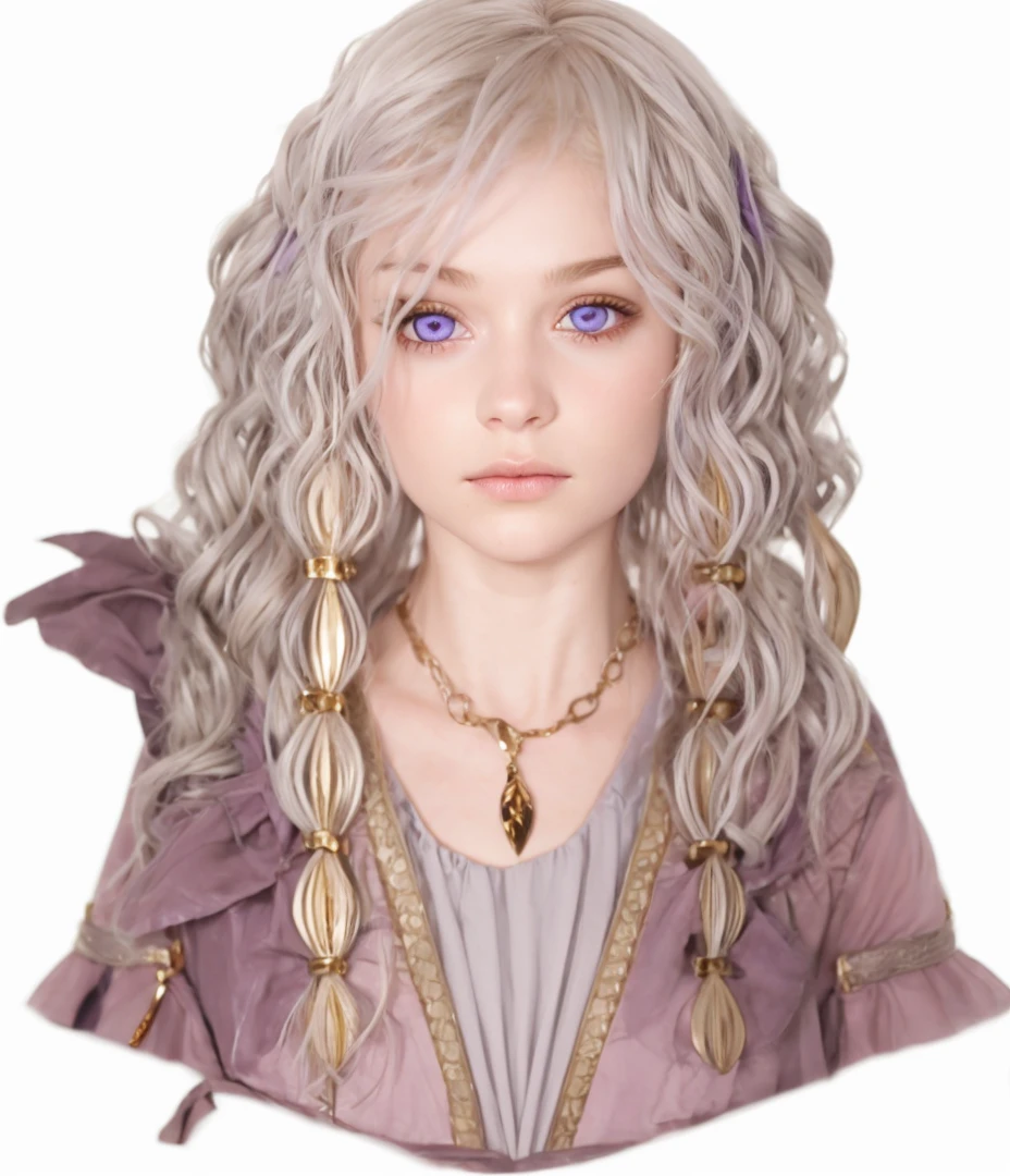 Girl, silver-gold hair, purple eyes, European,