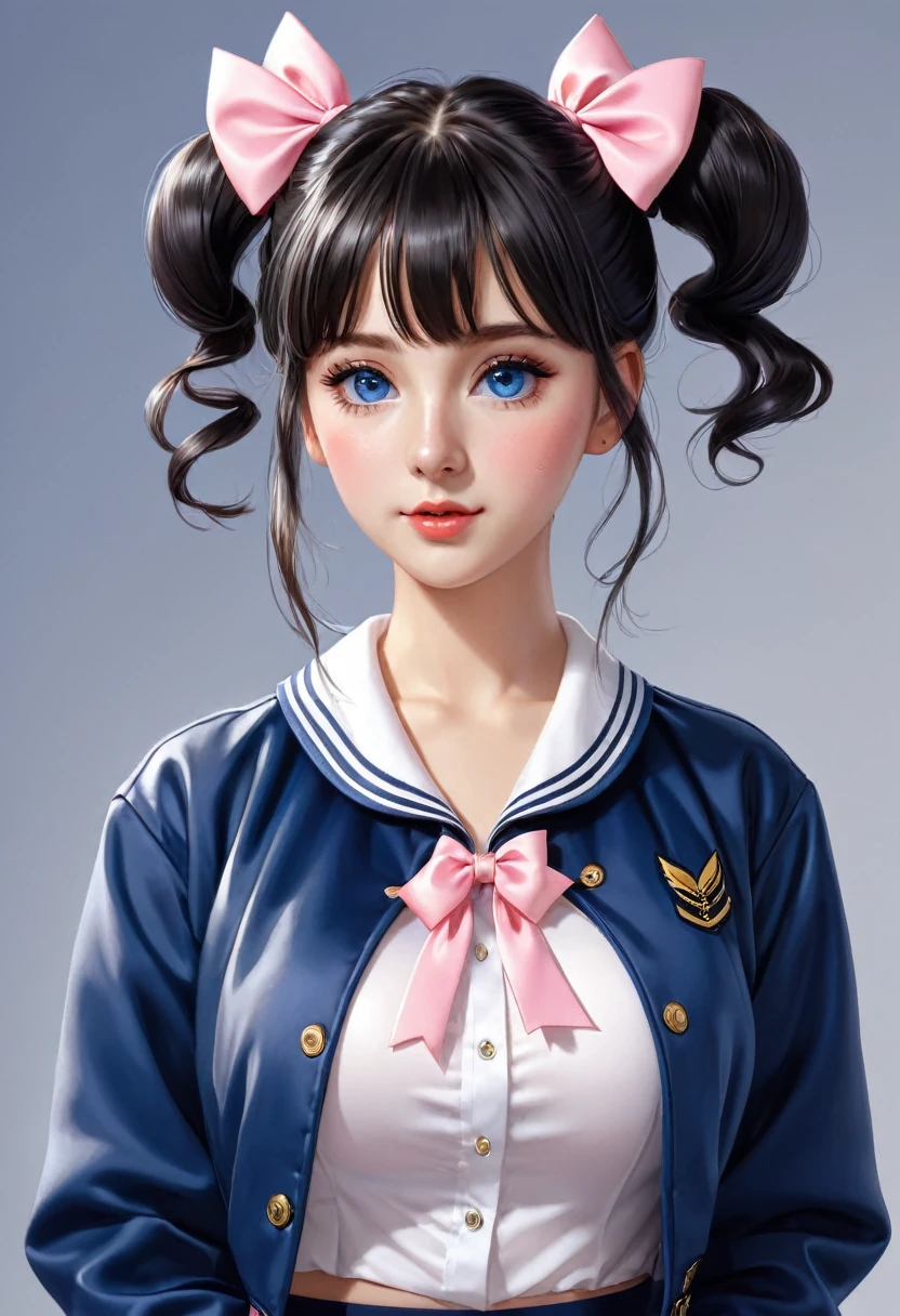 masterpiece,best quality,20 year old,1girl,bangs,expose breast,no bra,black_hair,blue_eyes,blue_jacket,blue_ribbon,blush,bow,double_bun,hair_bun,hair_ornament,hairclip,jacket,long_sleeves,looking_at_viewer,open_clothes,open_jacket,parted_lips,ribbon,sailor_collar,shirt,side_bun,school_background,solo,upper_body,school_background,rating:safe,incredibly absurdres, ultra detailed, high resolution, realistic lighting, photorealism, hyperrealism,masterpiece,vibrant colors,stunning visuals,ultra skin texsture,stable diffusion,perfect anatomy,crazy details