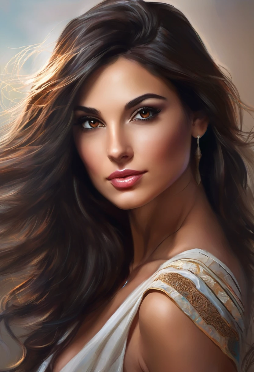 An incredible portrait of a beautiful brunette woman , dark brown eyes, Realistic Latin