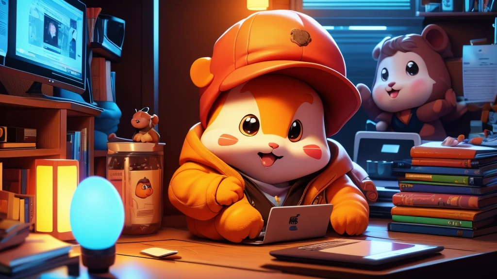 Hamtaro , a charismatic orange hamster geek , sitting at a table with a laptop and a microphone, unsplash, realism, , in a streamer studio room, neon ambiance , looking to camera, portrait shot 8 k, photo portrait, looking towards the camera , ultra detail, high resolution, ultra detailed, best quality, amazing, top quality, extremely detailed CG unity 8k wallpaper, cinematic lighting.