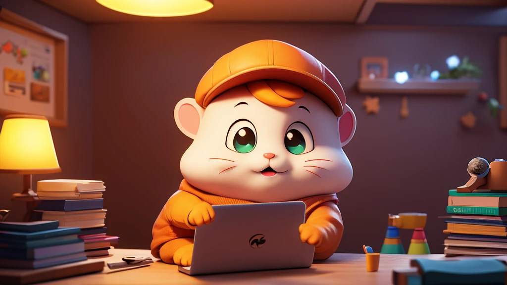 Hamtaro , a charismatic orange hamster geek , sitting at a table with a laptop and a microphone, unsplash, realism, , in a streamer studio room, neon ambiance , looking to camera, portrait shot 8 k, photo portrait, looking towards the camera , ultra detail, high resolution, ultra detailed, best quality, amazing, top quality, extremely detailed CG unity 8k wallpaper, cinematic lighting.