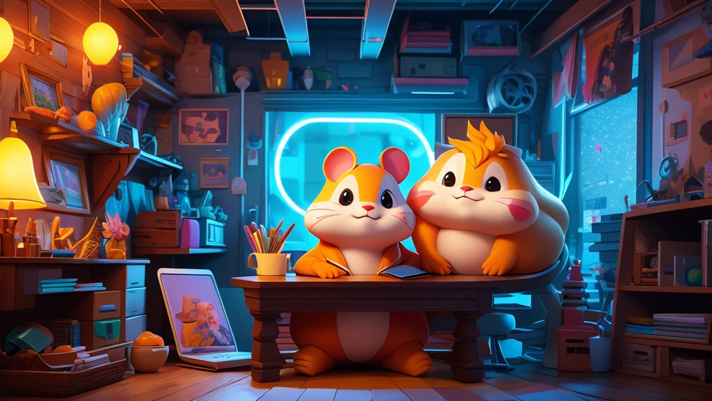 Hamtaro , a charismatic orange hamster geek , sitting at a table with a laptop and a microphone, unsplash, realism, , in a streamer studio room, neon ambiance , looking to camera, portrait shot 8 k, photo portrait, looking towards the camera , ultra detail, high resolution, ultra detailed, best quality, amazing, top quality, extremely detailed CG unity 8k wallpaper, cinematic lighting.