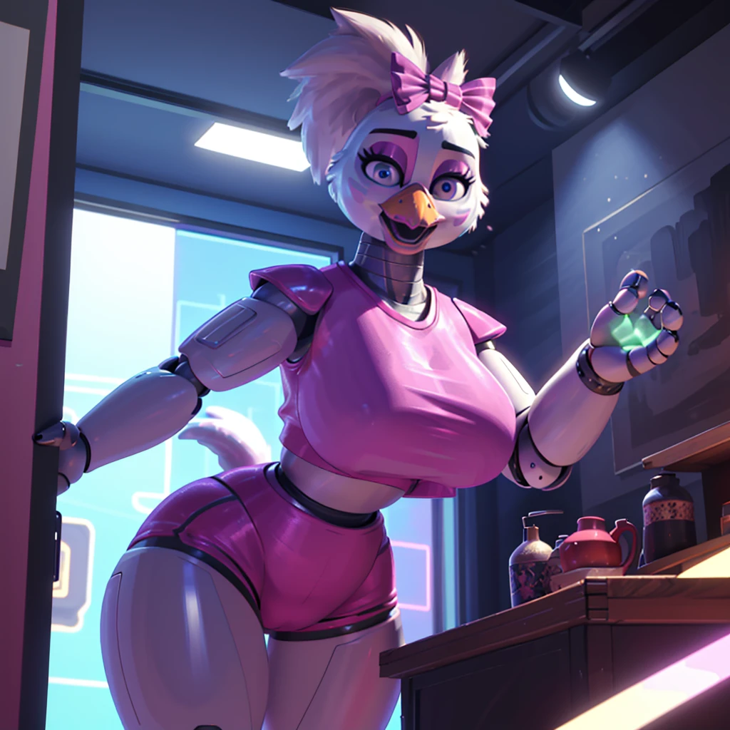 (masterpiece), ((perfect anatomy)), (high Res), (4k), Chicken, huge breast, wide hips, (robot), (animatronic), (((spandex pink shirt))), (((spandex pink shorts))), happy, ponytail, ((((((hyper realistic artstyle)))))), (((solo))), narrow waist