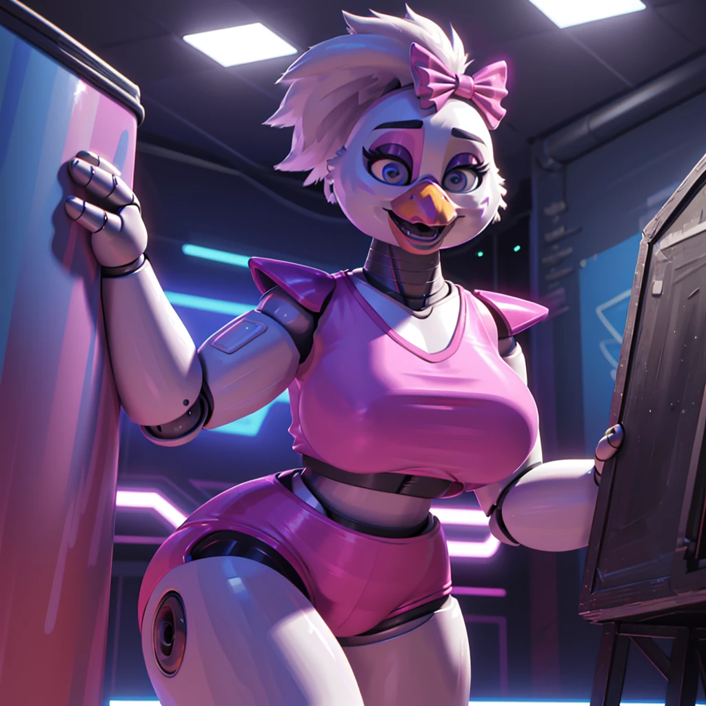 (masterpiece), ((perfect anatomy)), (high Res), (4k), Chicken, huge breast, wide hips, (robot), (animatronic), (((spandex pink shirt))), (((spandex pink shorts))), happy, ponytail, ((((((hyper realistic artstyle)))))), (((solo))), narrow waist