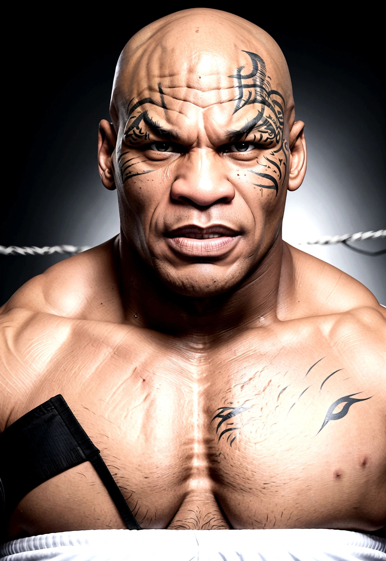 Digital portrait of an anger muscular Mike Tyson with a bald head, in black shorts. Boxing a laughing muscular Muhammad Ali with white shorts, full body, A tech background.
