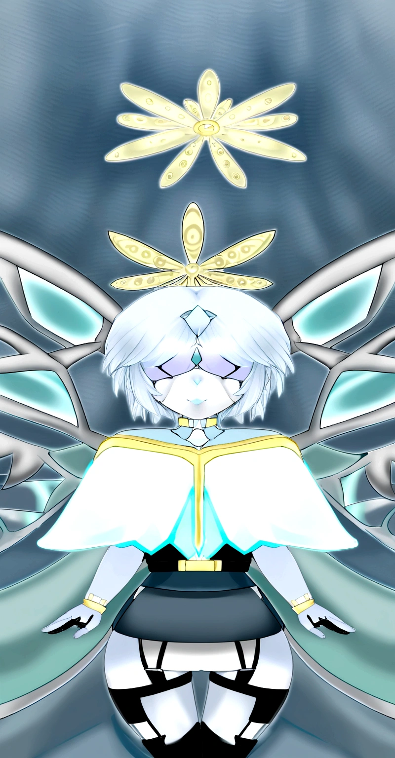 Angel light blue skin short wavy white hair with bangs that cover the eyes skeletal wings 