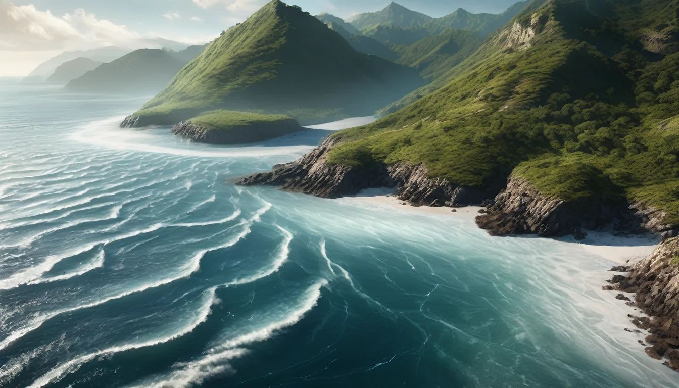 Hyper-realistic cinematic photographic patterns, lighting and ultra-detailed image. I will send a text and in this text you must analyze and suggest images to illustrate and create prompts for generating these suggested images, to create these images you must follow some parameters listed below: Creation of the Earth and Seas, Dry land emerging, with God observing satisfied. In the background, the waters coming together to form the seas. natural and soft colors, focusing on the harmony between land and water. The atmosphere should convey a sense of divine fulfillment and peace. widescreen format image with 4K resolution.