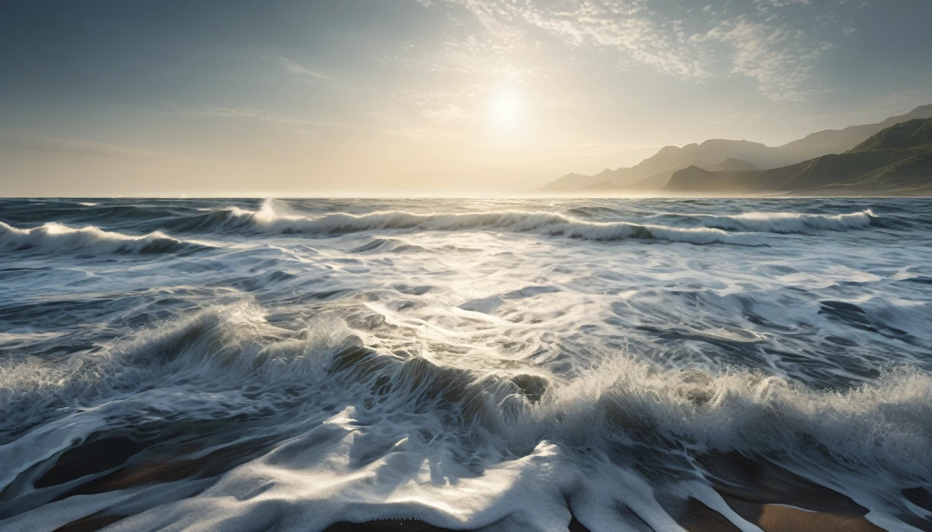 Hyper-realistic cinematic photographic patterns, lighting and ultra-detailed image. I will send a text and in this text you must analyze and suggest images to illustrate and create prompts for generating these suggested images, to create these images you must follow some parameters listed below: Creation of the Earth and Seas, Dry land emerging, with God observing satisfied. In the background, the waters coming together to form the seas. natural and soft colors, focusing on the harmony between land and water. The atmosphere should convey a sense of divine fulfillment and peace. widescreen format image with 4K resolution.