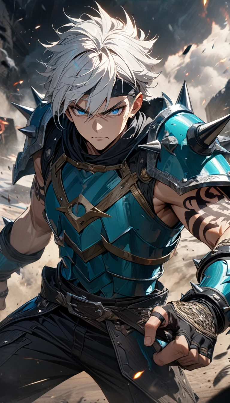 Adult guy, white hair, spike hairstyle, blue eyes, serious, turquoise armor top, sleeveless, spike shoulders, tattoo on hands, black tight pants, black visor, heavy battle sabatons, Masterpiece, best quality, Full HD, 8k, ultra details, great graphic