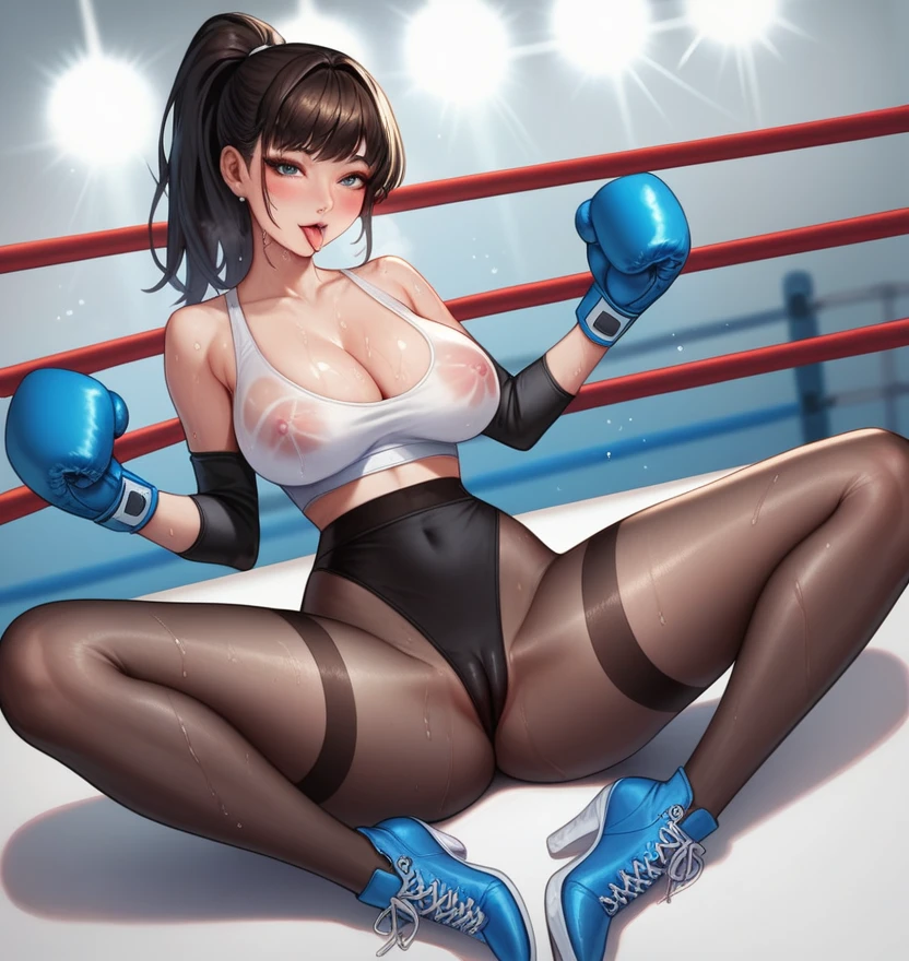 korean beautifull girl,18 years old,Pretty Face,Good shape,detailed picture, Seductive expression sticking out tongue, blush,Ponytail, Wear white yoga clothes,Soaked,Wear black pantyhose,high-heel boots, Wearing boxing gloves,Black sleeves on arms, Sitting in the boxing ring,Large Breasts,Cleavage,Long legs,Thin waist,nipple,Camel toe,M leg
