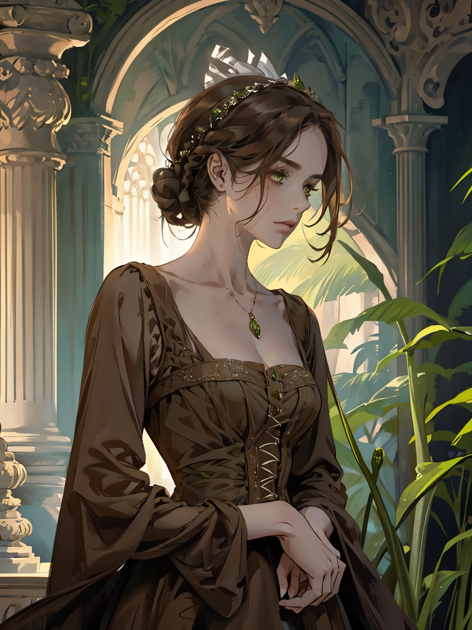 one, digital painting of a woman with her hair tied up in a bun, Brown hair, green eyes, young noblewoman from the 1800s , calm face, looks down, dark red dress, ((closed dress)), decorations on the head around the hair portrait style, looking away, in a beautiful and green garden