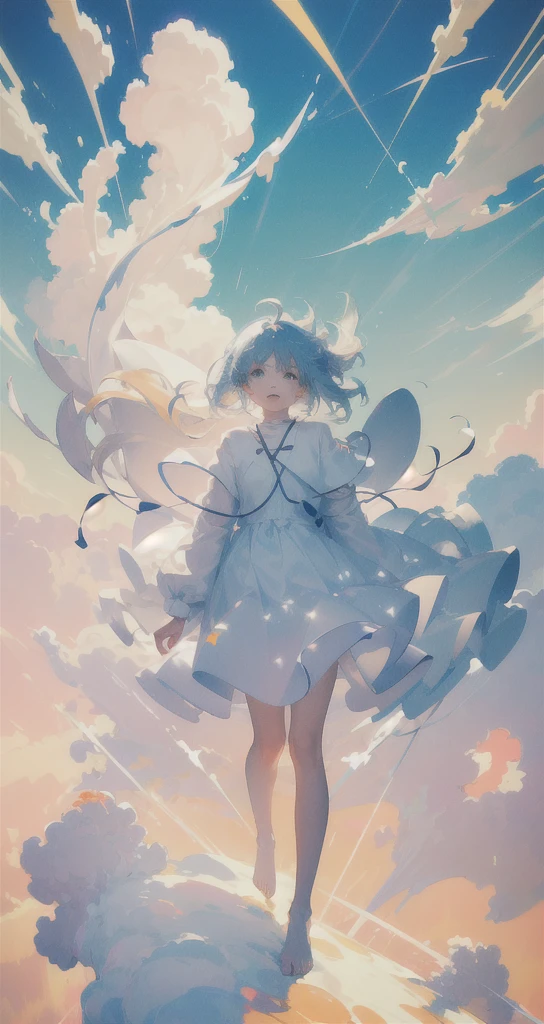 masterpiece, best quality, movie still, 1girl, floating in the sky, cloud girl, cloud, (close-up:1.1), bright, happy, fun, soft lighting, (Bauhaus, shapes, lines, abstract:1.1)