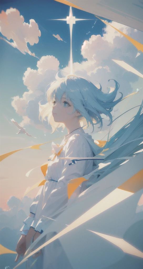 masterpiece, best quality, movie still, 1girl, floating in the sky, cloud girl, cloud, (close-up:1.1), bright, happy, fun, soft lighting, (Bauhaus, shapes, lines, abstract:1.1)