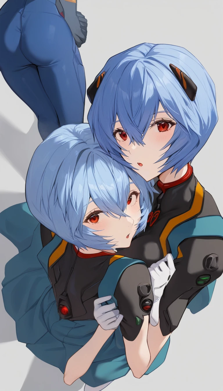 Two Girls, Ayanami Rei, 明日香, Red eyes, short hair, black plugsuit, Hair between the eyes, View your viewers, Blue Hair, Mouth open, bangs, From above, skirt, Short sleeve, blue skirt,  medium quality, slow, 