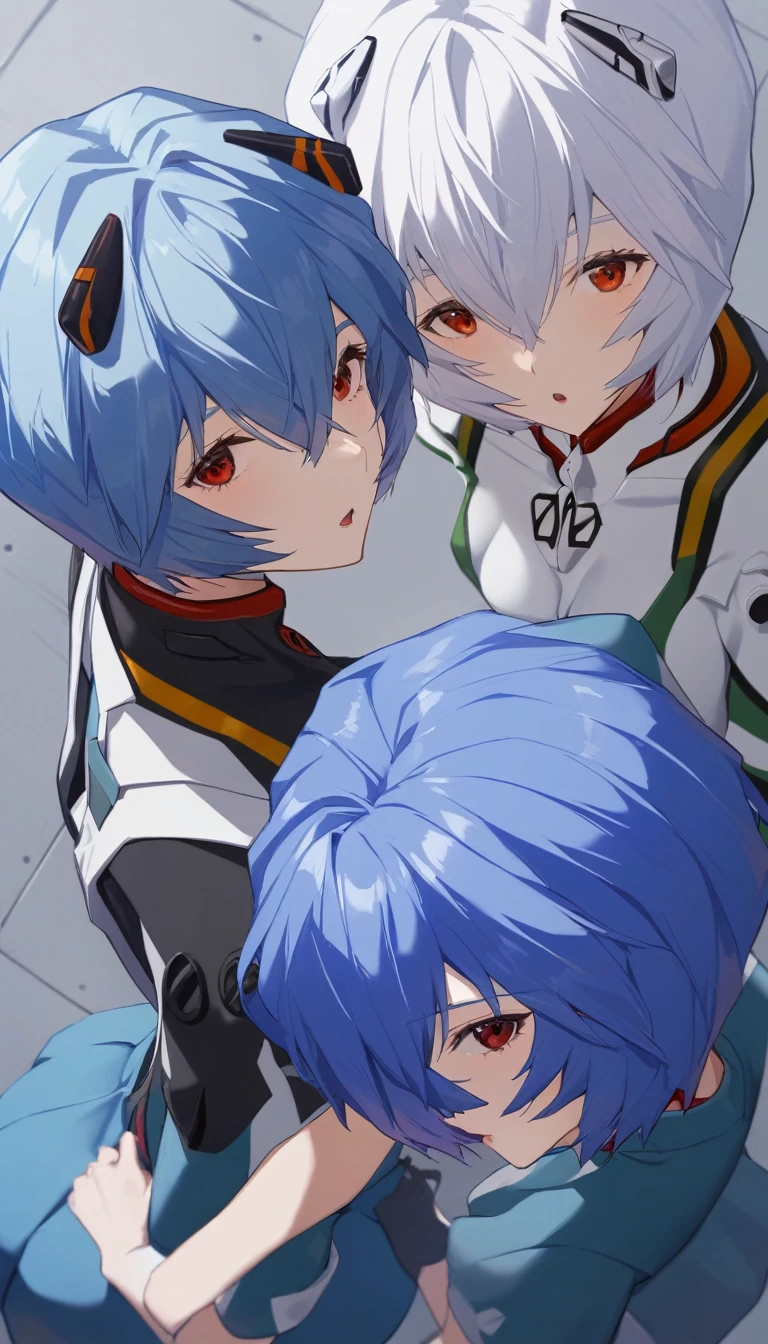 Two Girls, Ayanami Rei, 明日香, Red eyes, short hair, black plugsuit, Hair between the eyes, View your viewers, Blue Hair, Mouth open, bangs, From above, skirt, Short sleeve, blue skirt,  medium quality, slow, 