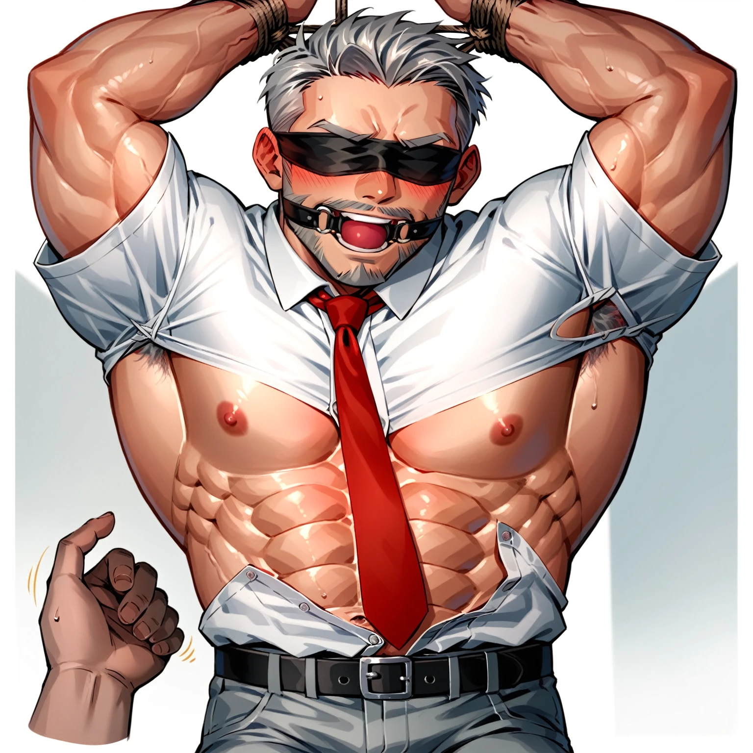 , grey haired bearded handsome muscular man wearing an open button White shirt and red tie and grey pants laughing,gagged ,hands above head tied up, blindfolded, blushing face, , armpits tickling by hands, ribs tickling by hands, office background 