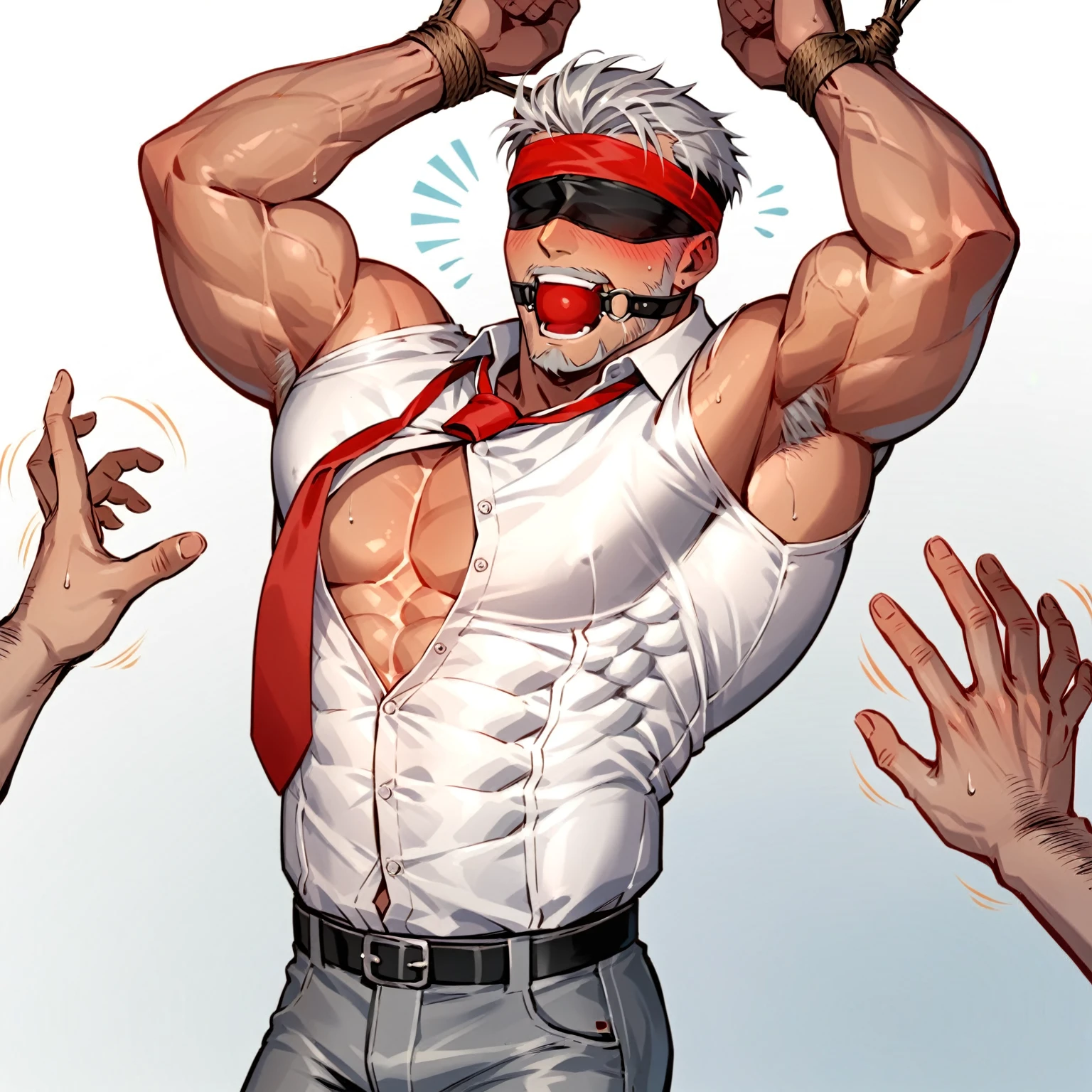 , grey haired bearded handsome muscular man wearing an open button White shirt and red tie and grey pants laughing,gagged ,hands above head tied up, blindfolded, blushing face, , armpits tickling by hands, ribs tickling by hands, office background 